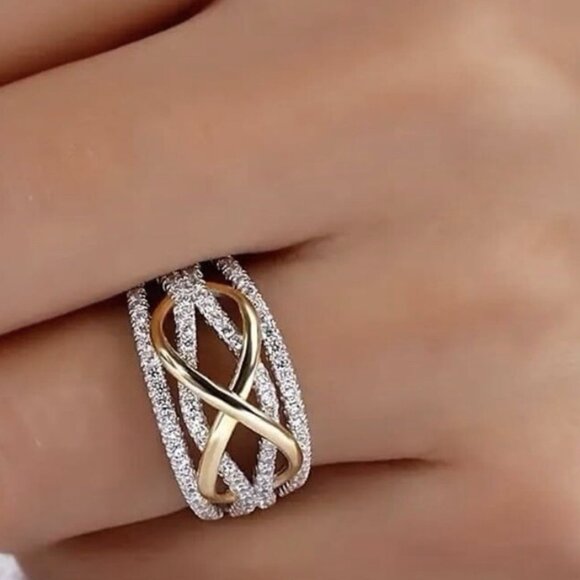 Genuine Diamond Ring Infinity Sterling Silver 18K Gold Crossover Wave size 5 - Picture 4 of 4